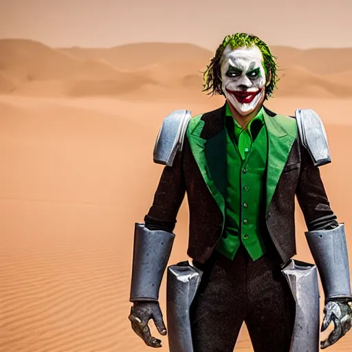 Prompt: A professional picture of the joker wearing a suit of enclave advanced power armor in the desert, 8k, dslr, cinematic, depth of field,