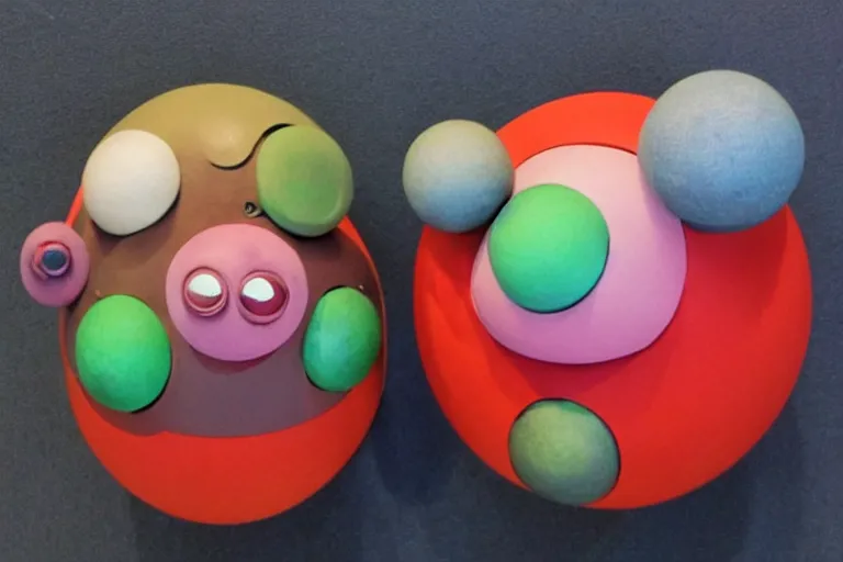 Prompt: cute spherical monsters representing fundamental particles, made of FIMO, by John Chamberlain