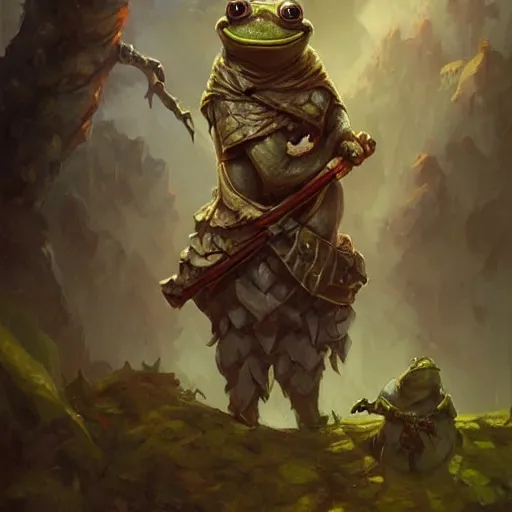 Image similar to a depressed anthropomorhpic frog, cute, little, weilding an axe, dnd character art portrait, matte fantasy painting, deviantart artstation, by jason felix by steve argyle by tyler jacobson by peter mohrbacher by paul hedley, cinema