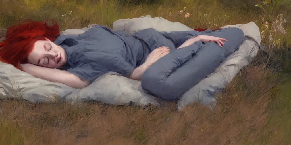 Image similar to redhead sleeping outside in summer, artstation james gurney