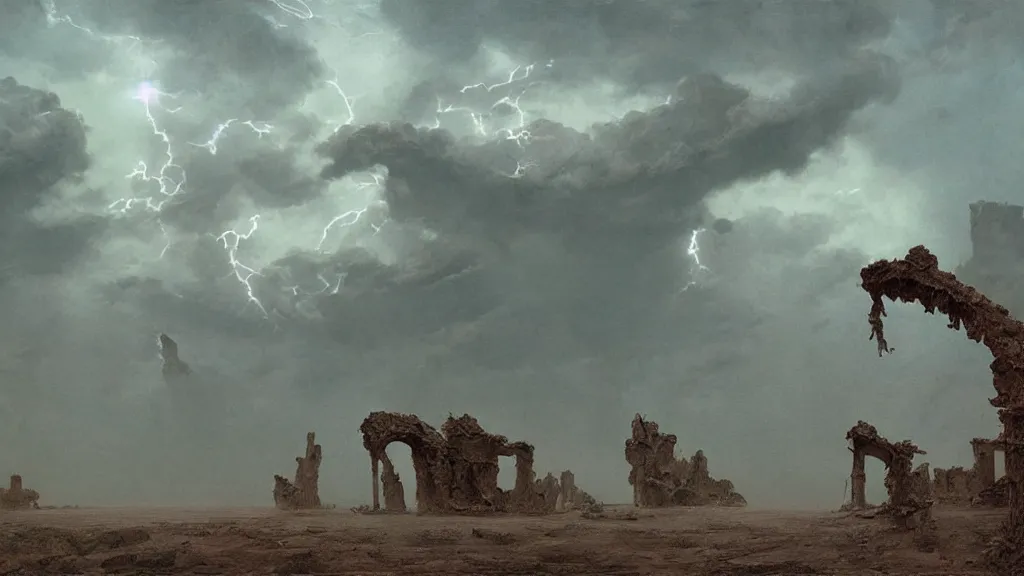 Prompt: desert, Ruin with giant statues and dead snakes, singular lightning, very heavy clouds , sharp, digital art by Zdzisław Beksiński , Ruan Jia, Rudolf Béres