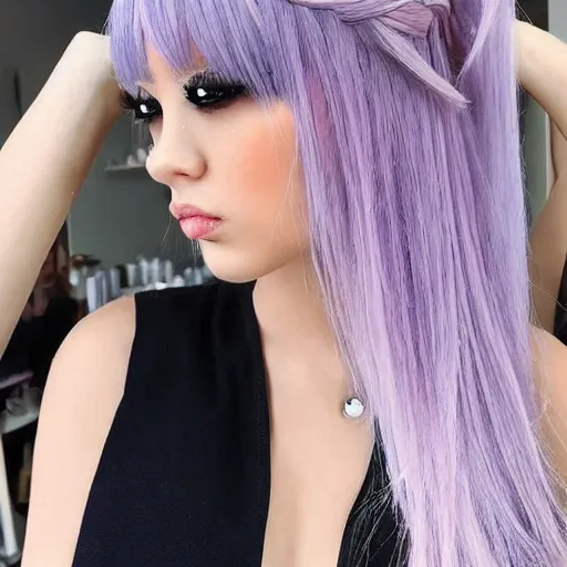 Image similar to avant runway hairstyle professional designer hair bangs, anime stylization, influencer photography, high details