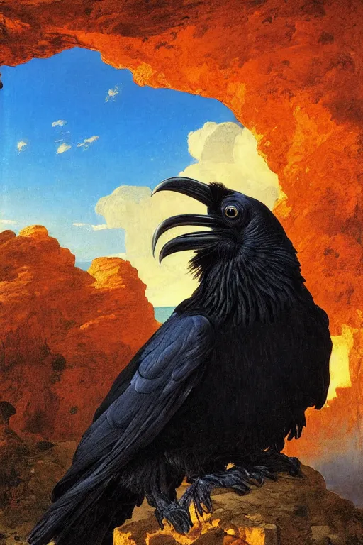 Prompt: a breathtakingly stunningly beautifully highly detailed extreme close up portrait of a raven, a rock arch overhead framing top of shot, epic coves crashing waves plants, beautiful clear harmonious composition, dynamically shot, wonderful strikingly vivid orange beautiful dynamic sunset with epic clouds, detailed organic textures, by frederic leighton and rosetti and turner and eugene von guerard, 4 k