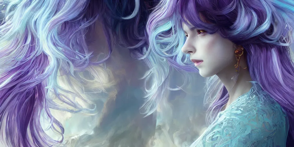 Image similar to wide angle, opalescent purple panther, metallic silver and ice color reflected crystal hair, leaping from babaob tree, fantasy, intricate, very beautiful, elegant, golden light, highly detailed, digital painting, artstation, concept art, smooth, sharp focus, unreal engine, art by wlop and tian zi and alphonse mucha