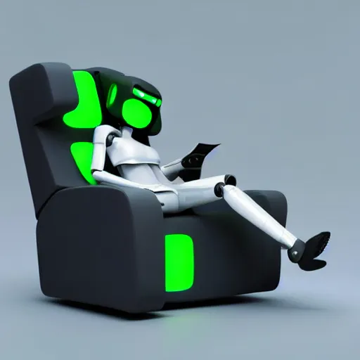 Image similar to futuristic lonely matte dark gray and translucent green full-body humanoid robot with huge expressive comically sad LED eyes and open rectangular mouth sitting on a large comfortable cushioned vintage recliner reading a newspaper comics page. Cinematic Lighting, Cinematic Movie Photograph, Arri Alexa, Extremely Detailed, smooth, very very clean, simple, 8K, octane render, maya render, unreal engine, trending on artstation, DSLR, excellent composition, moody