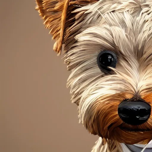 Prompt: a closeup photorealistic illustration of a smiling knitted yorkshire terrier. this 4 k hd image is trending on artstation, featured on behance, features intricate detail