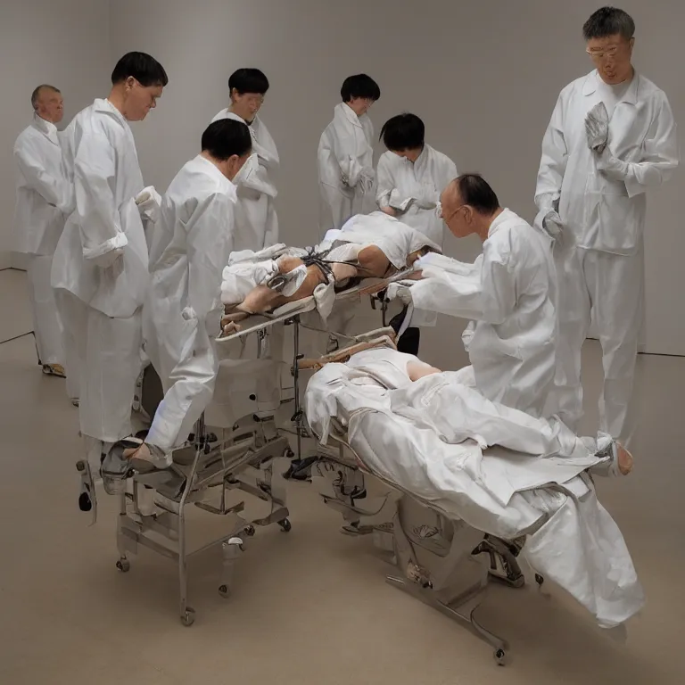 Prompt: chinese prisoner operating table cage surgeons ron mueck and duane hanson and lee bontecou and giacometti greig fraser canon eos r 3