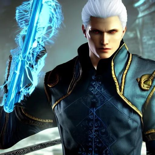 Image similar to Vergil, son of Sparda, beautiful, game screenshot, detailed face, aesthetic, realistic, soft lights