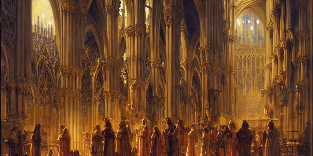 Image similar to inside a giant medieval cathedral, intricate details. highly detailed painting by gaston bussiere, j. c. leyendecker 8 k