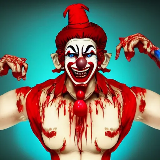 Image similar to 4K headshot of godlike clown with defined arms and open hands and bloody clothes with giant mandala wings , intricate clown face make-up , flawless anime cel animation by Kentaro Miura, psychedelic , highly detailed upper body , professionally post-processed , beautiful, scary, symmetry accurate features, epic, octane rendered, anime masterpiece, accurate