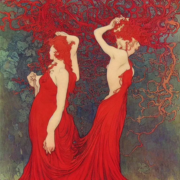 Image similar to Woman with red hair in a red dress standing in a pink room Anton Pieck,Jean Delville, Amano,Yves Tanguy, Alphonse Mucha, Ernst Haeckel, Edward Robert Hughes,Stanisław Szukalski and Roger Dean