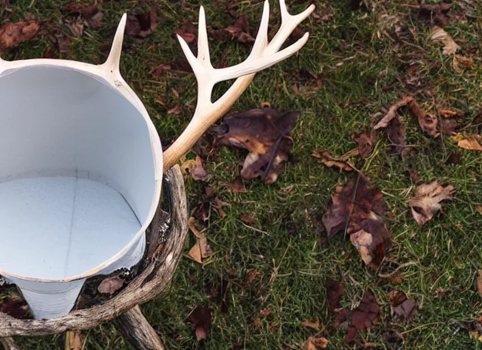 Prompt: a large styrofoam cup with four point antlers growing out of it, photography, high definition