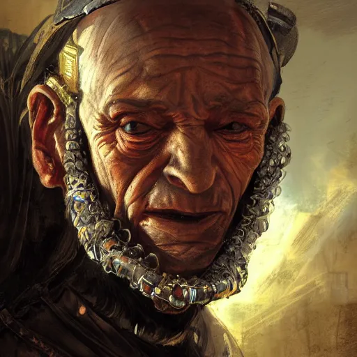 Image similar to portrait, headshot, digital painting, of a old 17th century, old cyborg merchant, amber jewels, baroque, ornate clothing, scifi, realistic, hyperdetailed, chiaroscuro, concept art, art by Franz Hals and Jon Foster