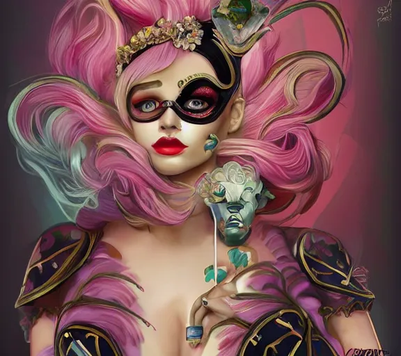 Image similar to beautiful female character inspired by venice carnival and pop art bounty hunter | | digital artwork made by greg rutswork, anna dittmann and lois van barlee, symmetrical, anatomically correct