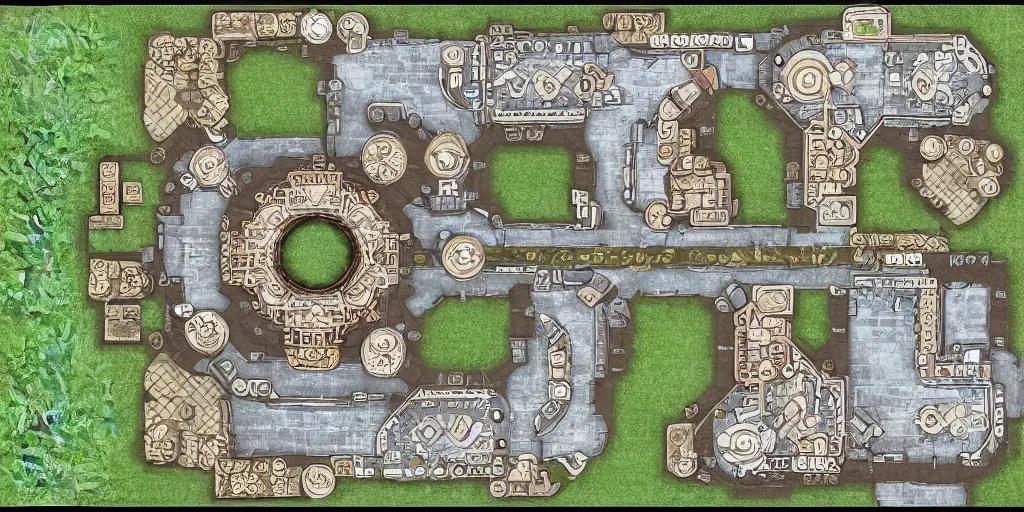 Prompt: small architectural floor plan gears of war map, symmetrical outpost, circular generator nuclear reactor, colourful