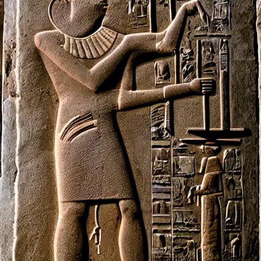 Prompt: ancient egyptian relief of a man holding a primitive rifle, award winning photo