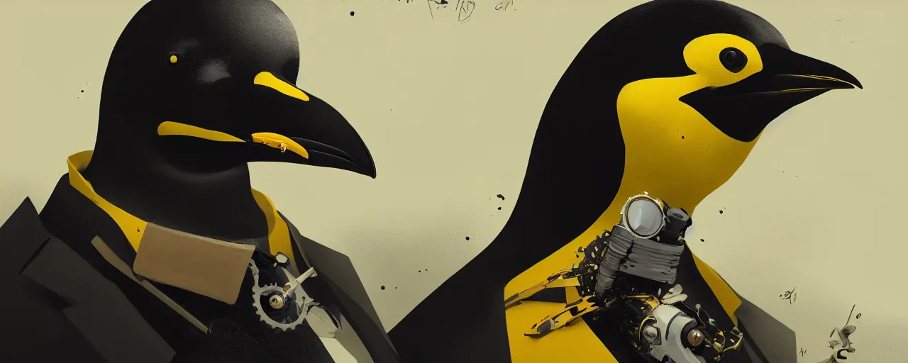 Image similar to duotone yelow black white concept illustration of 3 / 4 portrait of penguin with penguin beak as steampunk cyborg. cinematic volumetric lighting. golden ratio accidental renaissance. by sachin teng and sergey kolesov and ruan jia and heng z. graffiti art, scifi, fantasy, hyper detailed. octane render. concept art. trending on artstation