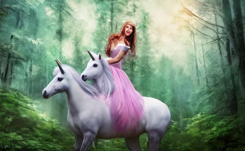 Prompt: princess riding a unicorn, in a forest clearing, ultra realistic, photorealistic, portrait,