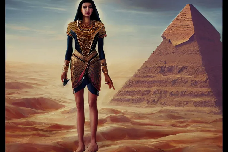 Image similar to a cinematic portrait painting of a beautiful girl wearing egyptian clothing stood on a pyramid overlooking a vast dystopian desert landscape with a river, rainy day, beautiful lighting, depth, accurate details, by marco mazzoni