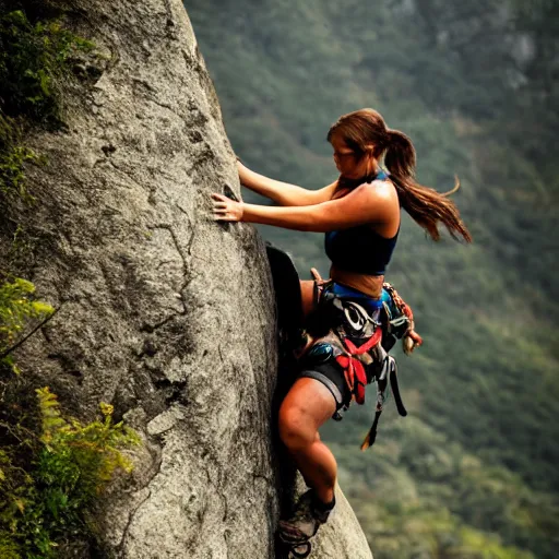 Image similar to lara croft mount climbing, adventure photography
