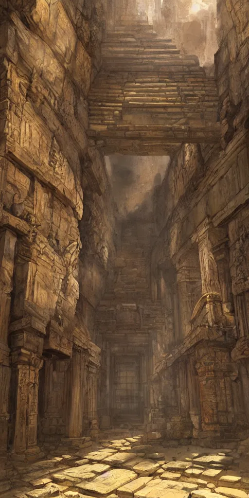 Image similar to ancient temple, pillars, tomb raidar, indiana jones, traps, from inside a temple, temple run, painted by greg rutkowski