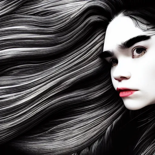 Image similar to Instagram selfie of Grimes' hair flowing like ocean waves, trending on artstation, macro photography, photorealistic quality, 4k, 8k, trending on artstation, artstationHQ, artstationHD.