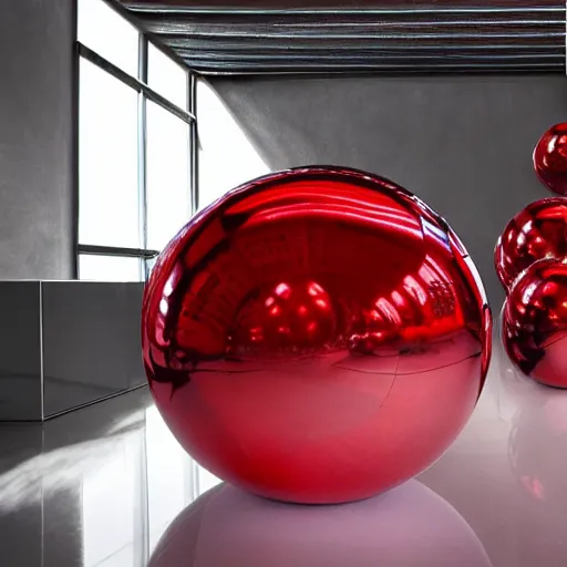Prompt: chrome spheres on a red cube by guerrino boatto