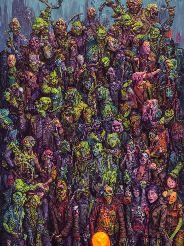 Prompt: apocalyptic scifi squalor goblin characters standing together, professional group photo, psychedelic vibrant colors, futuristic punk rock fashion, oil painting by michael whelan art, perfect faces, sharp focus, detailed eyes, realistic, leather jackets, 8 k