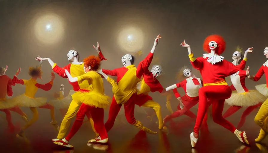 Image similar to highly detailed painting of a group of ronald mcdonalds with red afros, white facepaint, red noses and yellow tracksuits dancing at the ballet by william turner, by greg rutkowski, by william constable, thick brush strokes and visible paint layers, 4 k resolution
