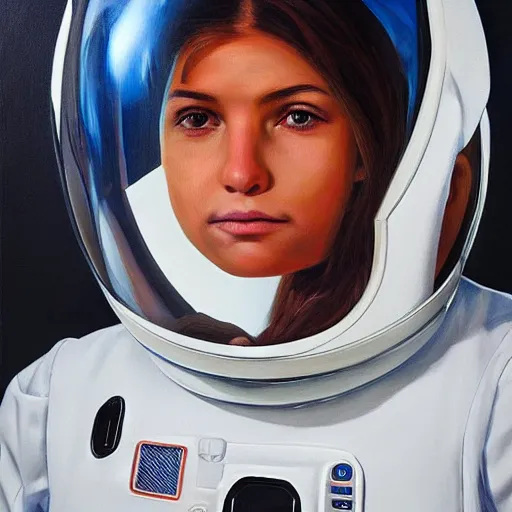 Image similar to girl in futuristic astronaut suit, portrait, hyperrealism oil painting