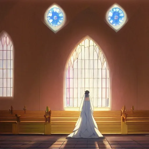 Image similar to a beautiful picture of the window of the church, a bride and a groom, sky, by makoto shinkai, - w 7 6 8