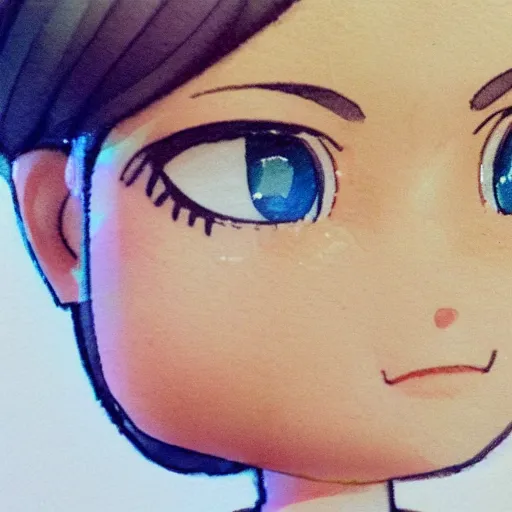 Image similar to beautiful water color concept art of face detailing cute nendoroid girl in the style of Julian Opie, toon rendering, close-up, no shade, modern art, kyoto animation 3/4 view