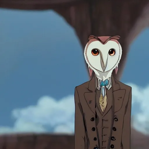 Image similar to a shot of a barn owl in a suit in howl's moving castle movie, movie shot, anime, hightly detailed, rescalated 4 k, detailed