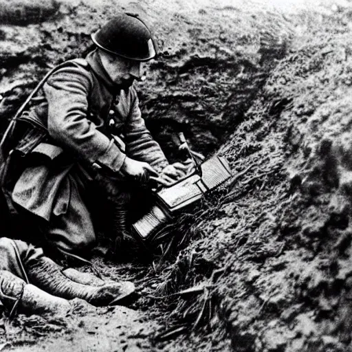 Prompt: ww 1, in the trenches. two soldiers fixing a telegraphy line while their corps is under attack