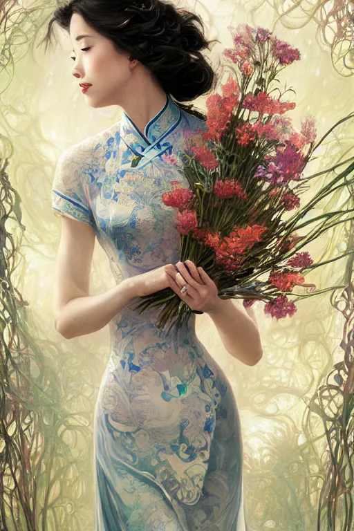 Image similar to portrait of a beautiful woman wearing a cheongsam dress, holding a bouquet of flowing flowers, drenched body, silver hair, emerging from the water, dark fantasy, regal, fractal crystal, fractal gems, by ross tran, stanley artgerm lau, thomas kindkade, alphonse mucha, loish, norman rockwell