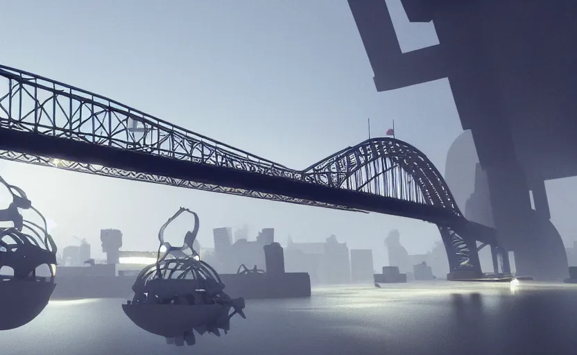 Image similar to a big harbour bridge collapses after explosions in the form of white cotton plants, 3 d octane render, epic lighting, 8 k, by goro fujita