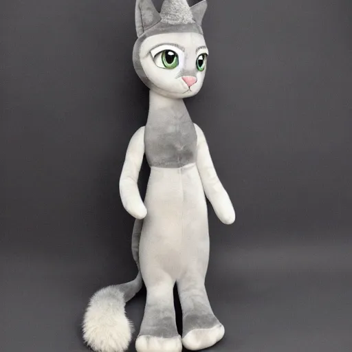 Image similar to gray anthropomorphic, cat female with a whit and chest, wearing a golden crown, big blue eyes, plushy