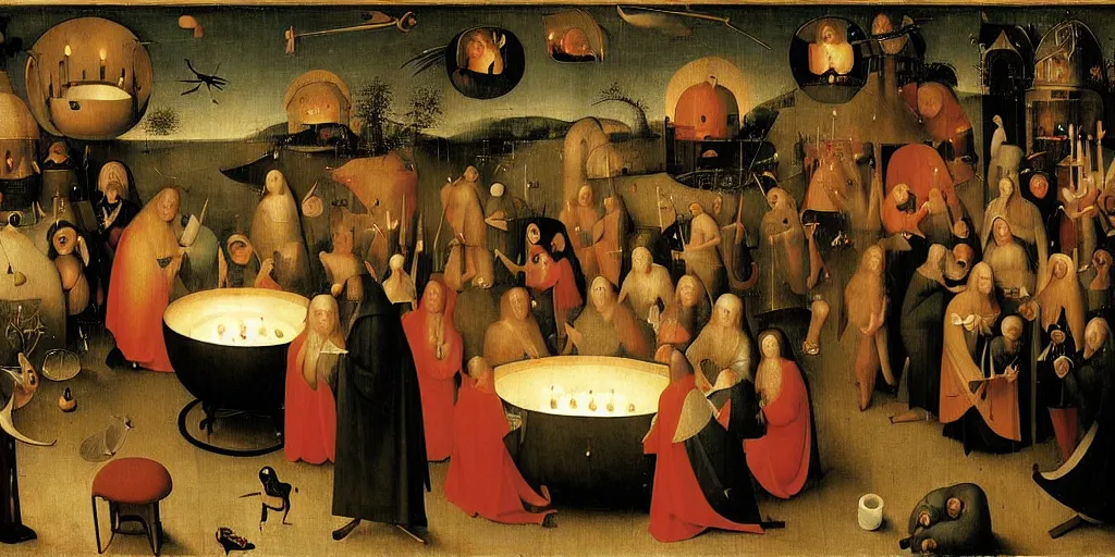 Prompt: a party at midnight, modern indoors, bay area, candles, hot tub, friendship, hope, art by hieronymus bosch