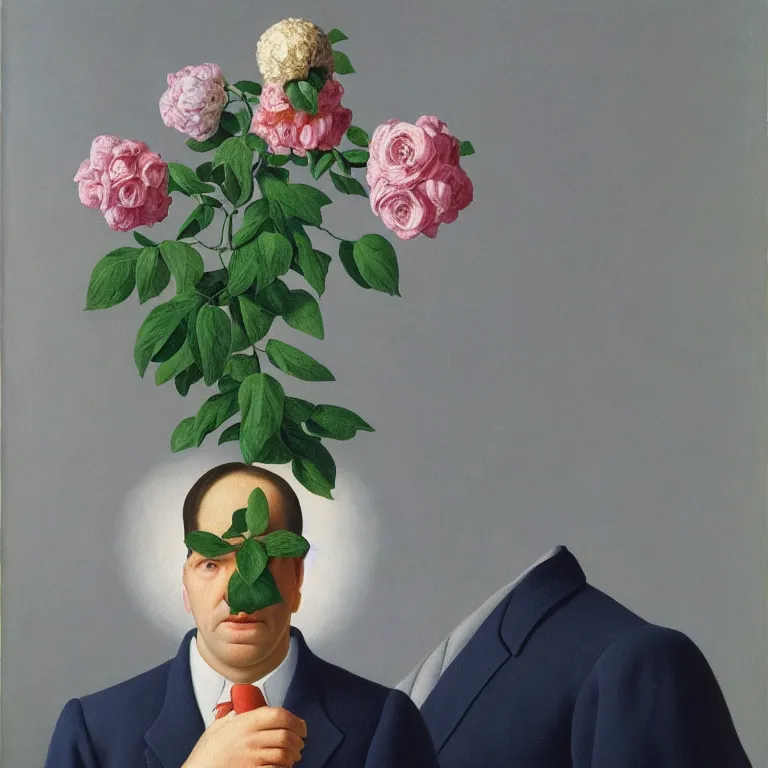Image similar to portrait of a man, beautiful large flowers replaced his head, by rene magritte, detailed painting, hd, hq, high resolution, high detail, 4 k, 8 k