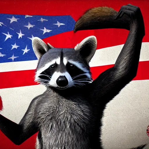 Prompt: dark and gritty 3 d rendering of a raccoon revolutionary holding up a red flag, digital art