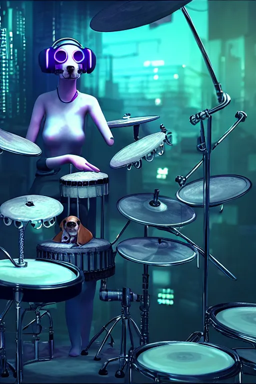 Prompt: high quality 3 d render very cute cyborg beagle plays drums!, cyberpunk highly detailed, unreal engine cinematic smooth, in the style of blade runner & pixar, hannah yata charlie immer, moody light, low angle, uhd 8 k, sharp focus