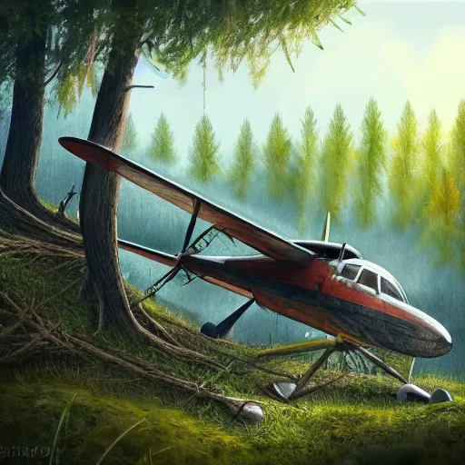 Prompt: an old plane crashed on a hill, there is a forest in the background, texture, intricate, details, highly detailed, masterpiece, architecture, building, trending on artstation, focus, sharp focus, concept art, digital painting, fantasy, sunny, day, midday