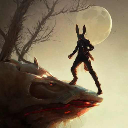 Prompt: bunny wearing a leather jacket riding a motorbike during sakura season on a blood moon, by peter mohrbacher, james jean, wlop, greg rutkowski, rule of thirds, dynamic pose, action pose, beautiful landscape