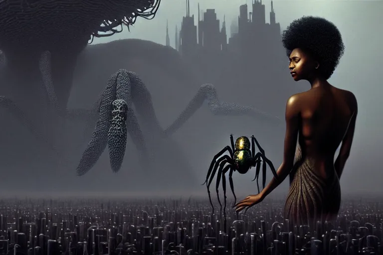 Image similar to realistic detailed photorealistic portrait movie shot of a beautiful black woman with a giant spider, dystopian city landscape background by denis villeneuve, amano, yves tanguy, alphonse mucha, ernst haeckel, david lynch, edward robert hughes, roger dean, cyber necklace, rich moody colours, cyber patterns, wide angle