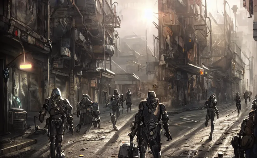 Prompt: photorealistic cyborg knights exploring post - apocalyptic futuristic city streets. daylight. sunlight. lens flare. light fixtures. 8 k. detailed. photorealism. artstation. 2 5 mm f 1. 7 a