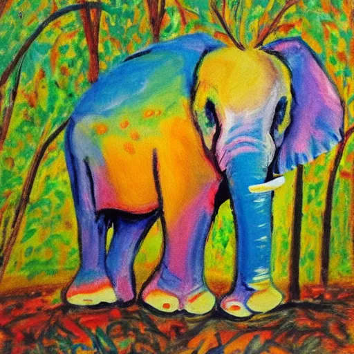 Prompt: colorful elephant in an outstretched forest