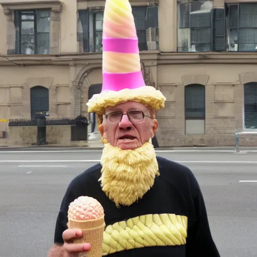 Prompt: a photograph of an old man wearing an elaborate ice cream cone costume