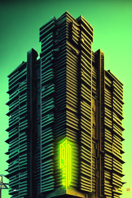 Image similar to high quality 3 d render hyperrealistic cyberpunk brutalist hanuman head building, neon yellow madhubani, highly detailed, in sci - fi mumbai, unreal engine cinematic smooth, liam wong, moody light, low angle, uhd 8 k, sharp focus