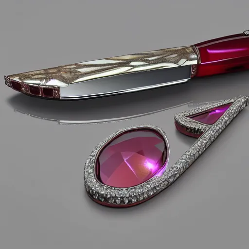 Prompt: mother of pearl intricate reflection pocket knife rubies and diamonds raytraced