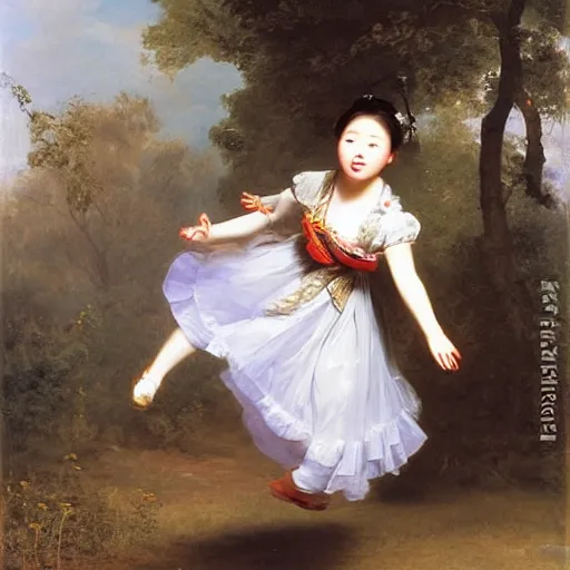 Image similar to a korean girl jumping over a bonfire by franz xaver winterhalter